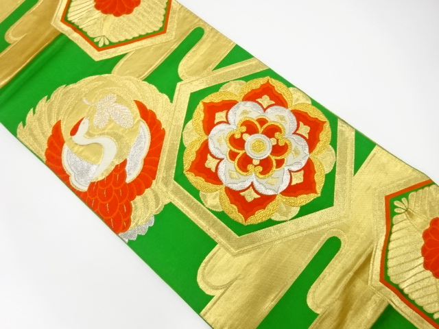 JAPANESE KIMONO / ANTIQUE FUKURO OBI / SILK / WOVEN CRANE & FLORAL CREST